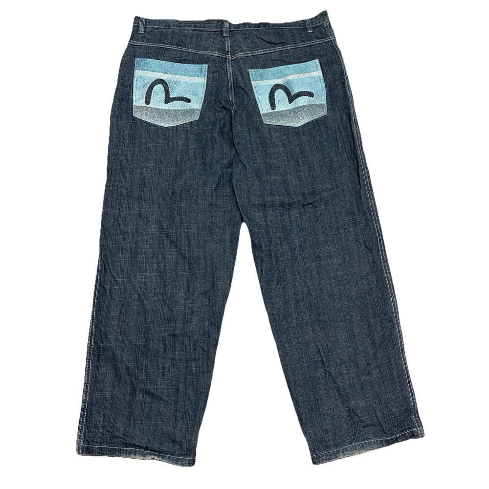 EVISU Blue Embroidered Straight Jeans Cotton Denim Distinctive Pocket Design 42